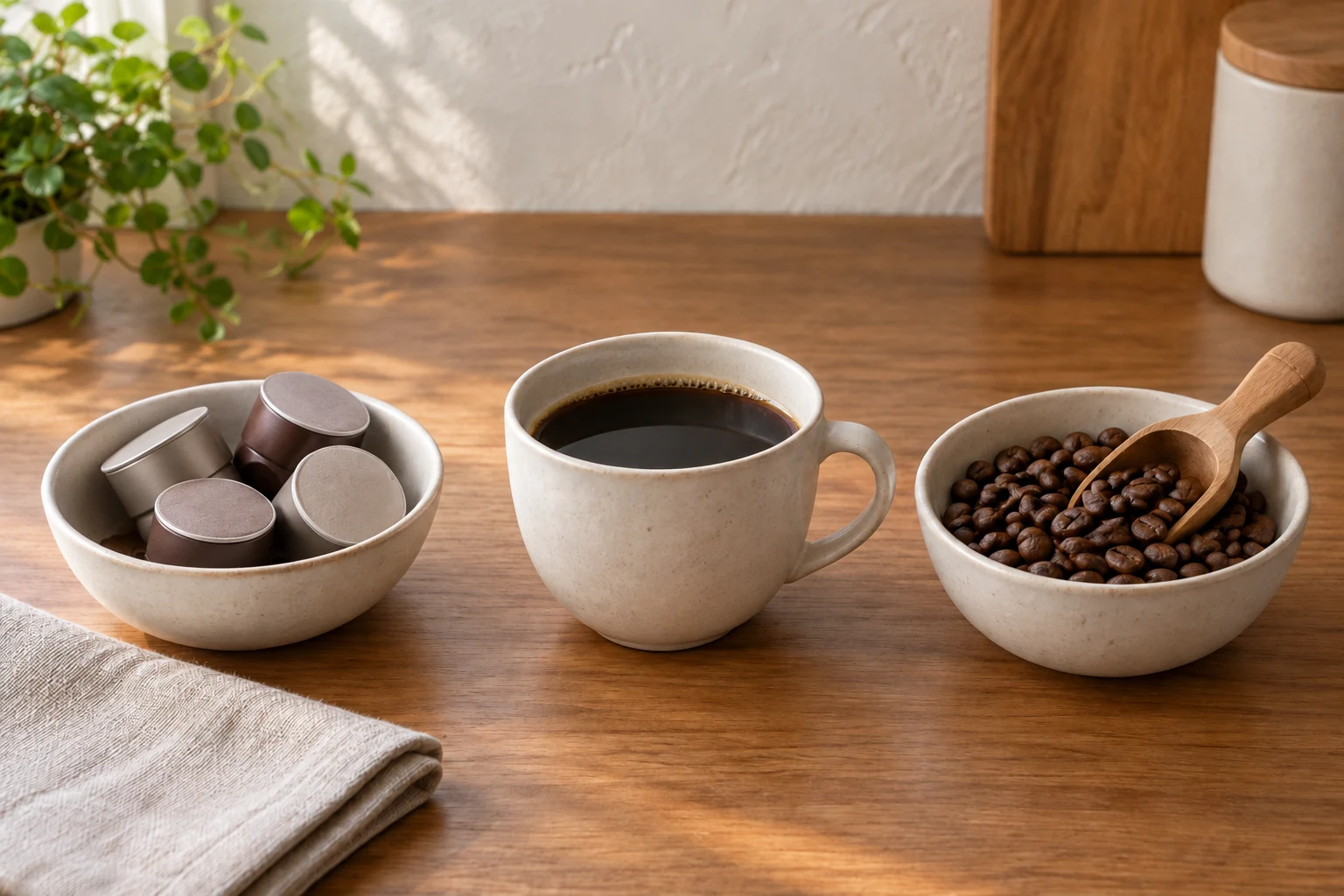 木のキッチンカウンターで、無地の一杯用容器とコーヒー豆を一杯のコーヒーの両側に並べた様子
