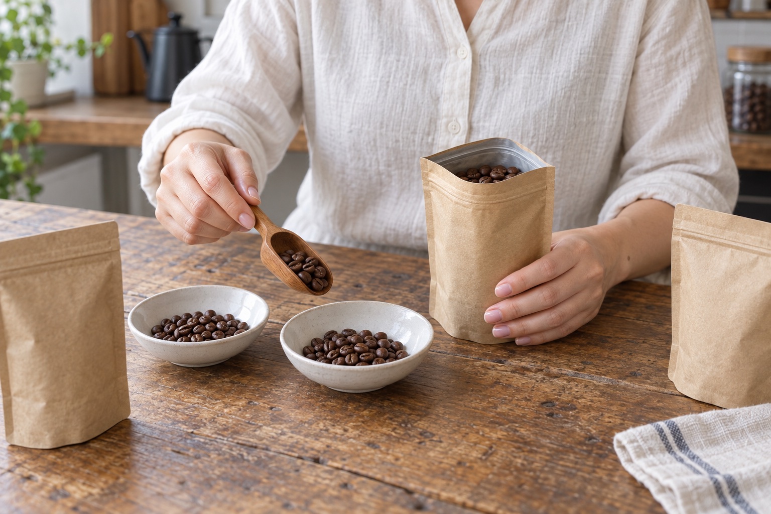 小さな無地の袋からコーヒー豆を取り出し、白い器へ少しずつ分ける手元