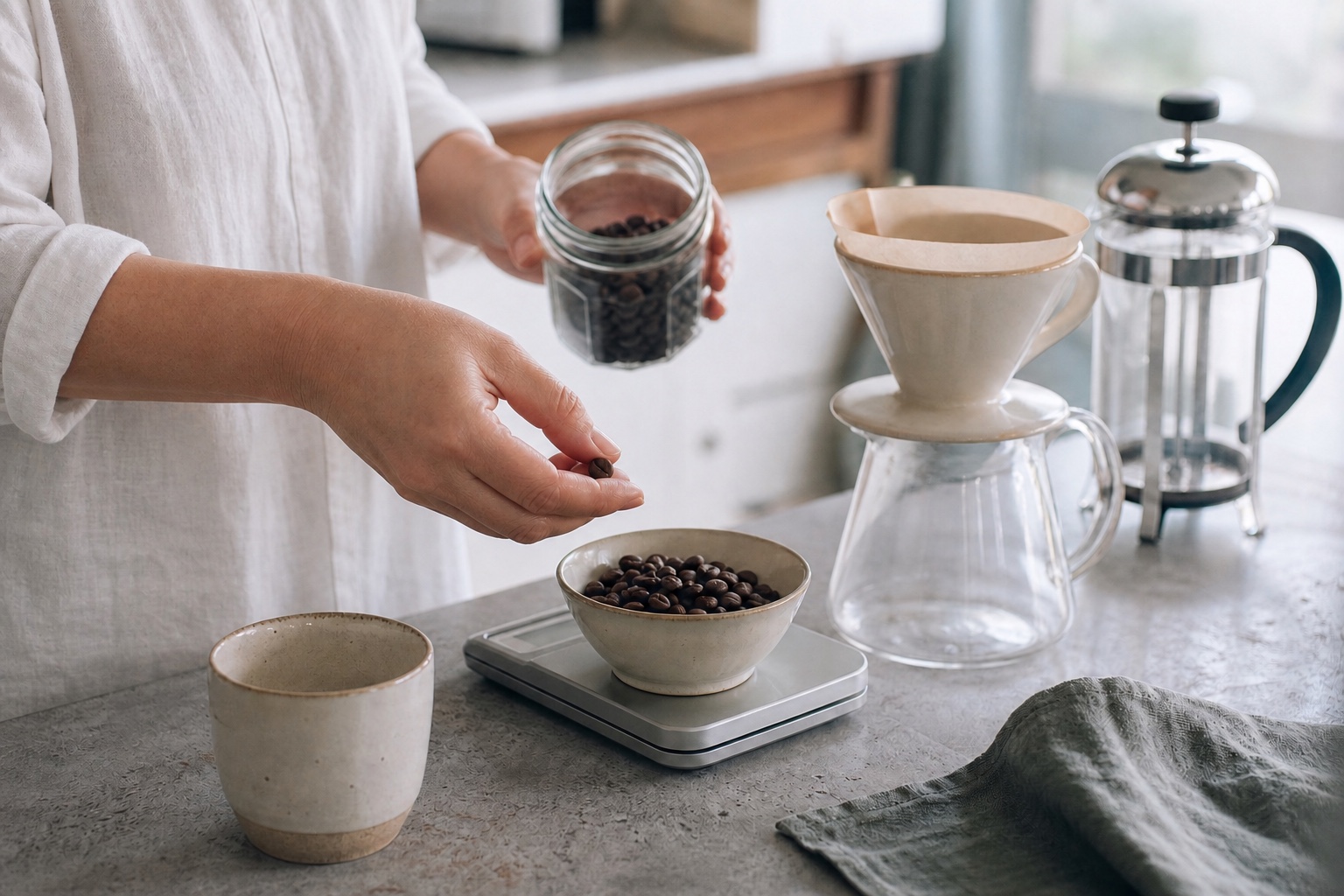 朝の台所で、スケールに載せた器へコーヒー豆を量り入れる様子