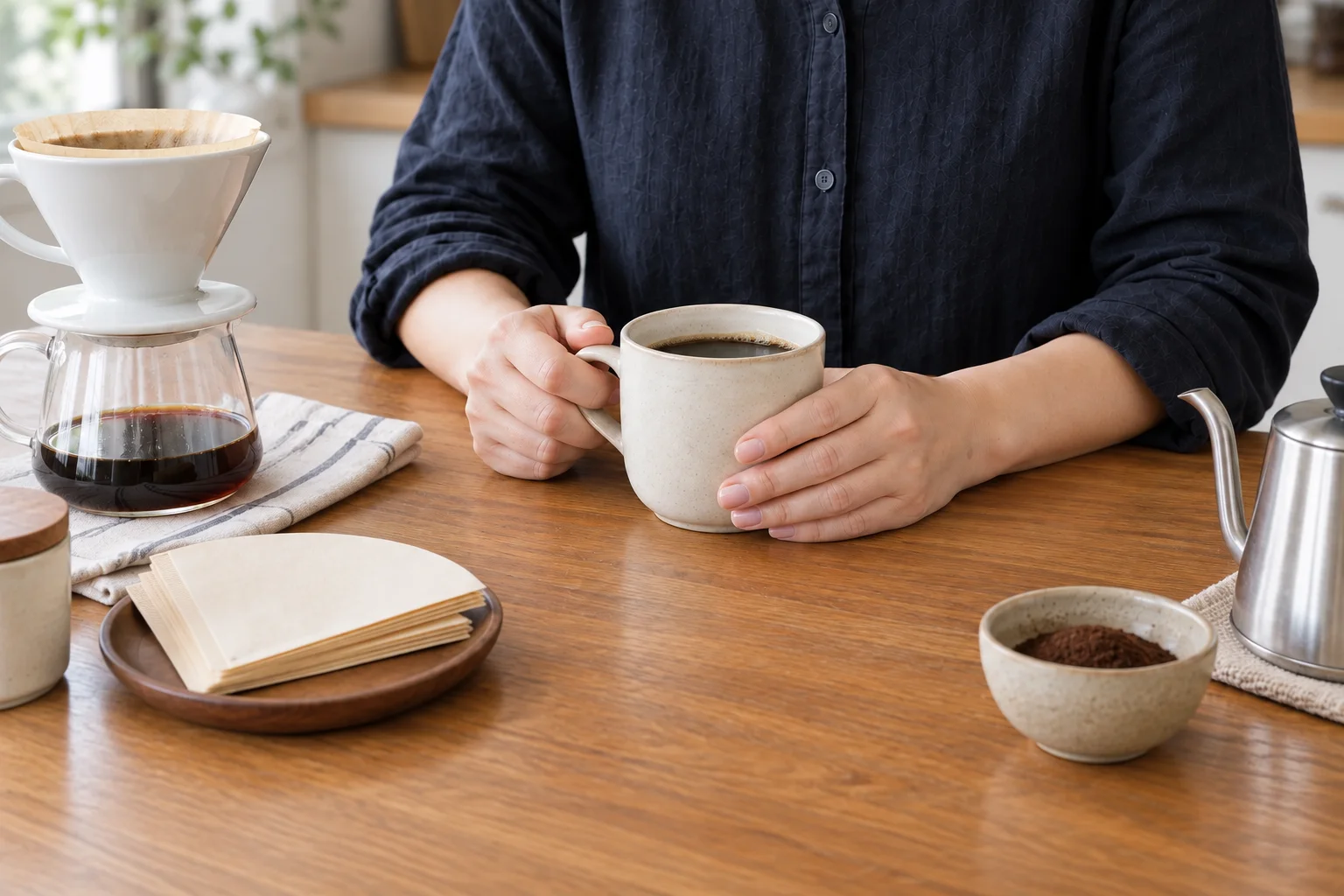 紙フィルターを置いた台所で、コーヒーカップを手にする女性の手元