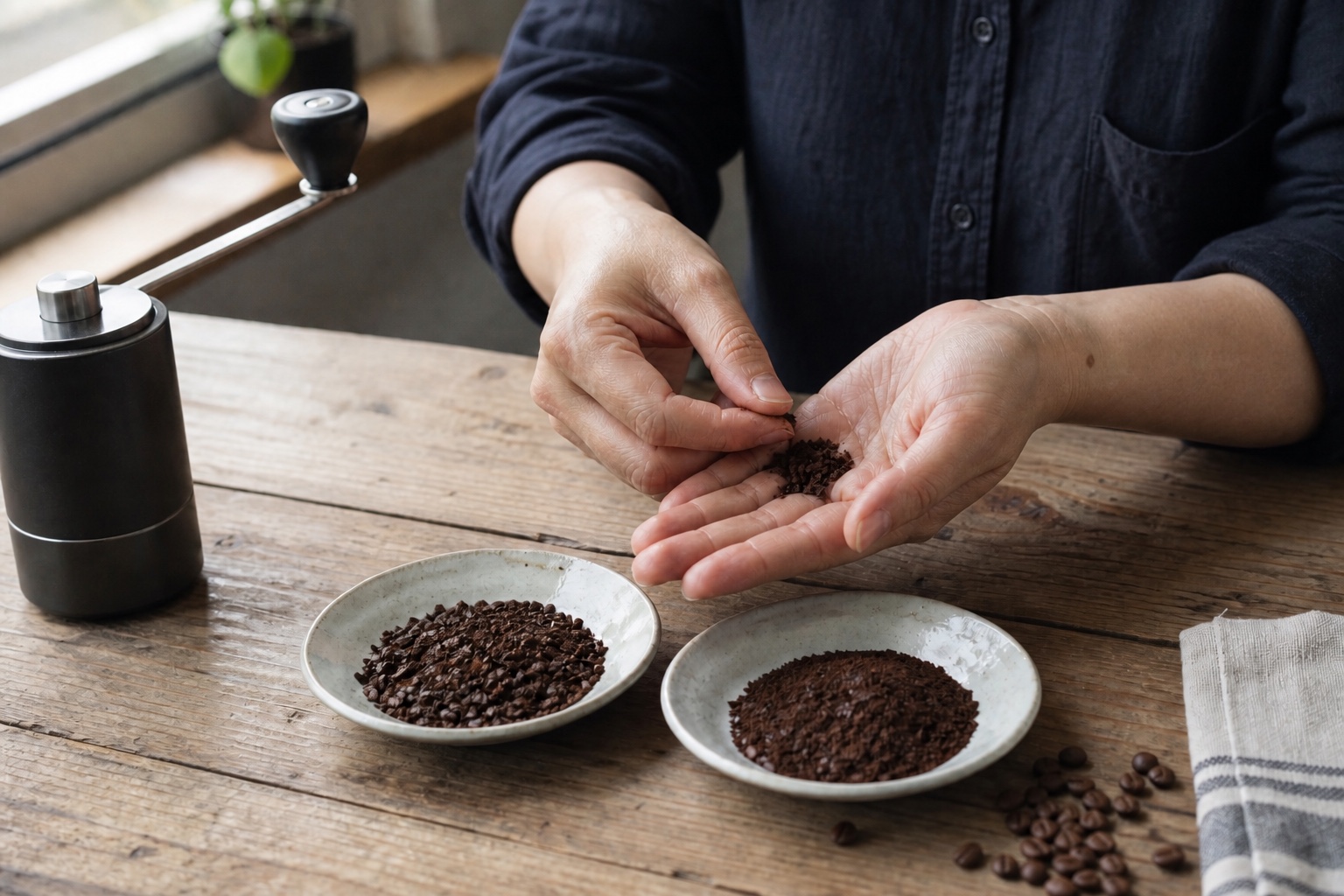 二つの皿に分けた粗さの違うコーヒー粉を、手に取って見比べる様子