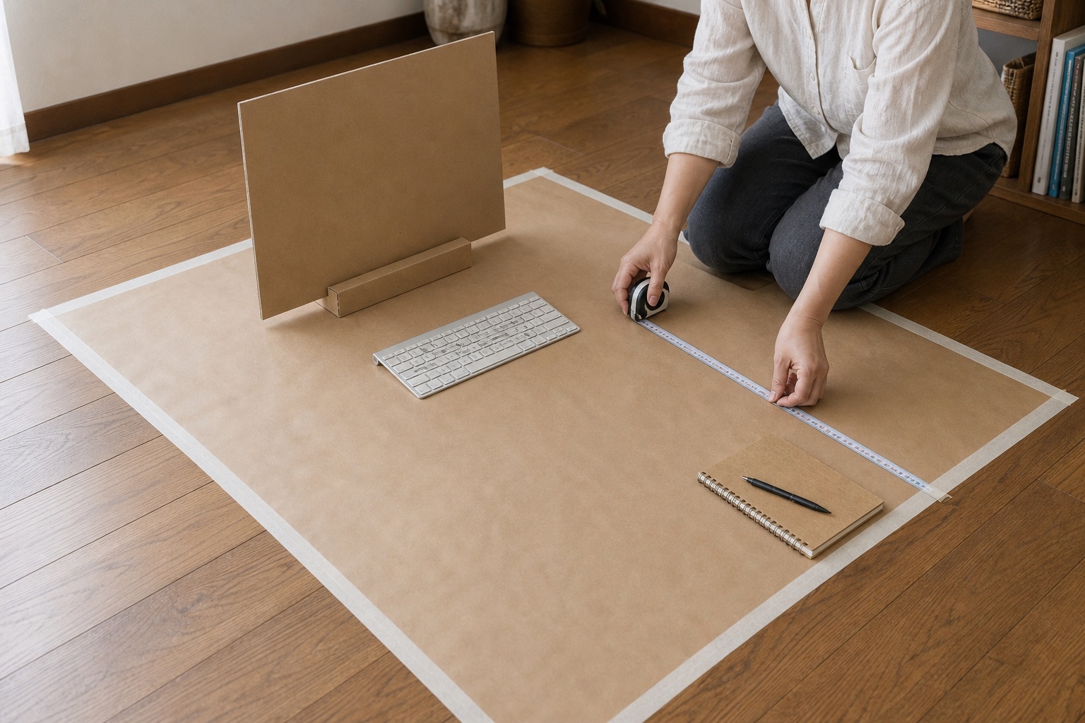 床に広げた紙へ画面とキーボードを置き、デスクの奥行きを実寸で測る手元