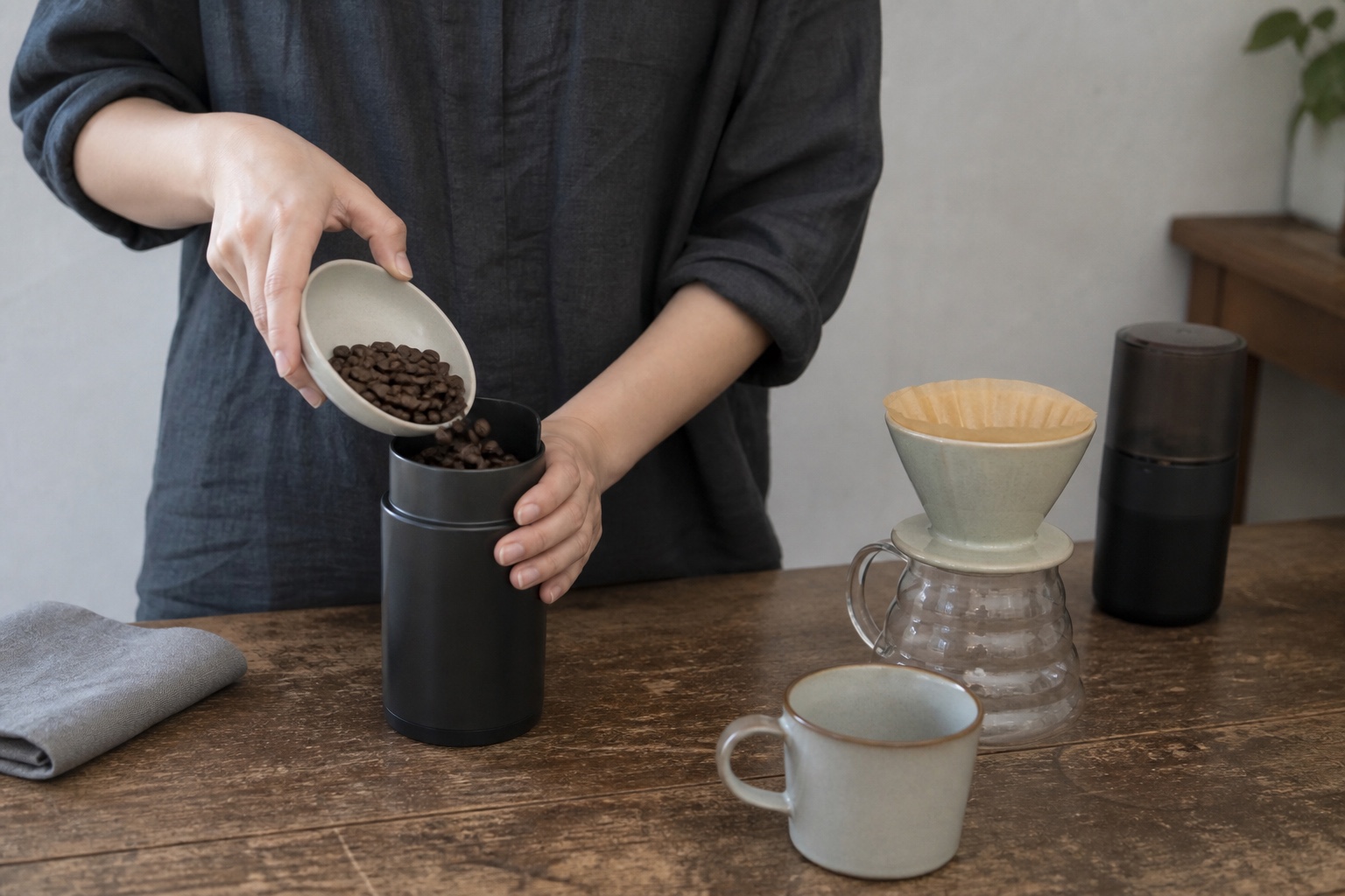 自宅の木のテーブルで、量ったコーヒー豆を電動ミルへ入れる様子