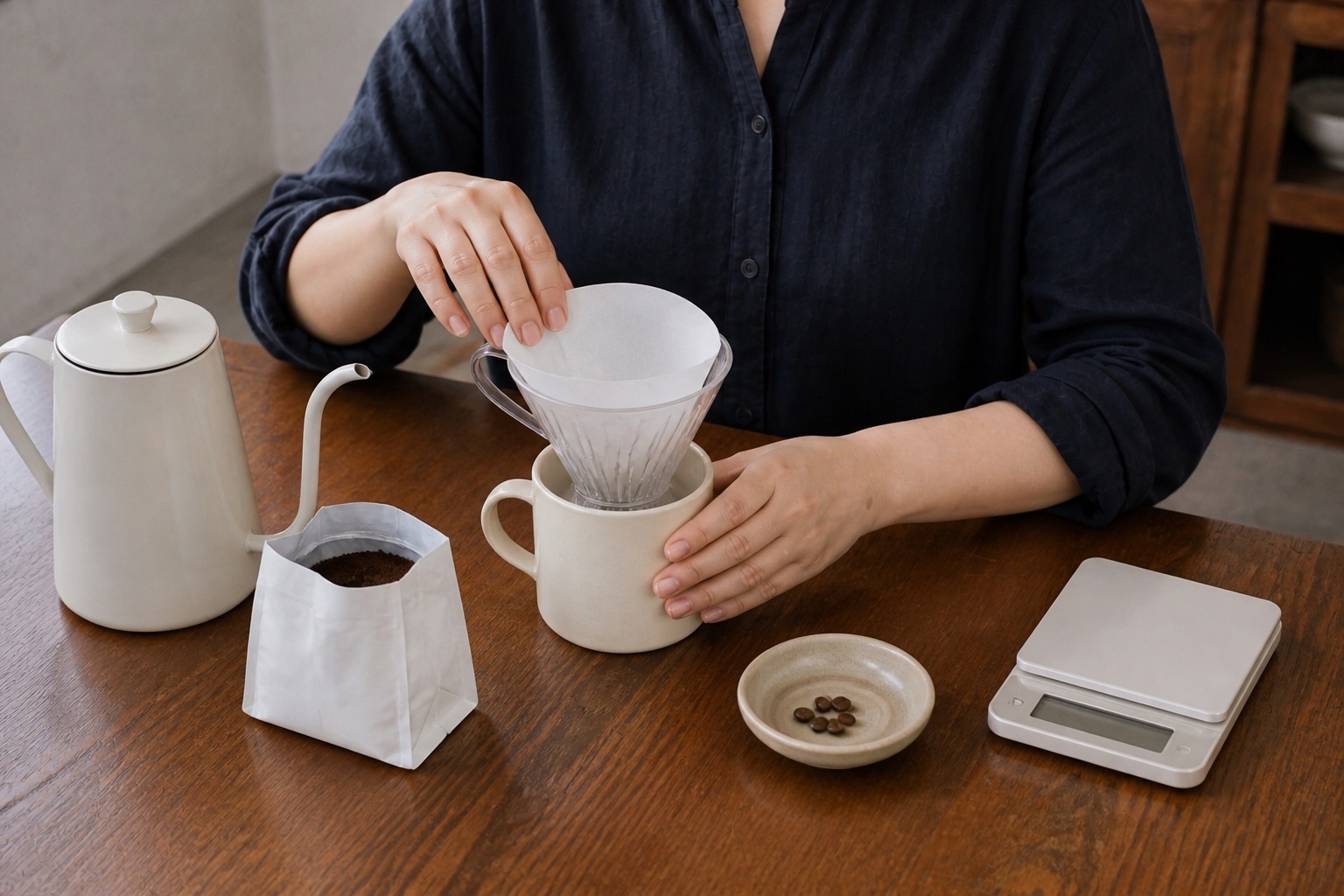 家にあるカップへドリッパーと紙を置き、最初のコーヒー道具を揃える様子