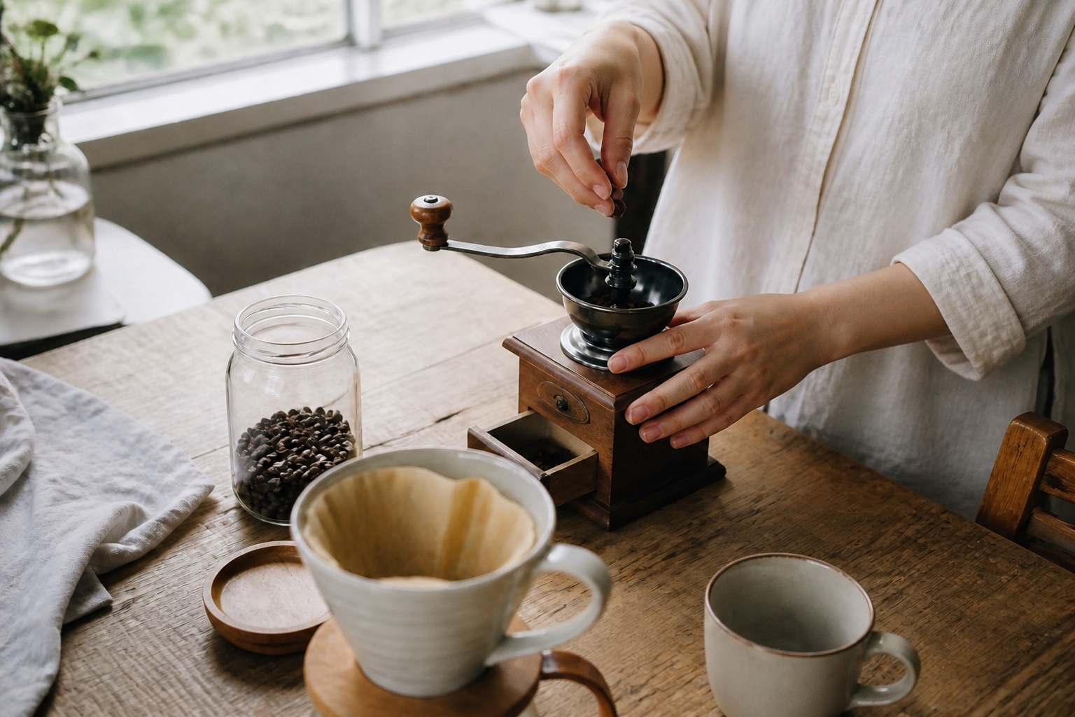 木箱型の手挽きミルへコーヒー豆を入れ、ドリップの準備をする朝のイメージ