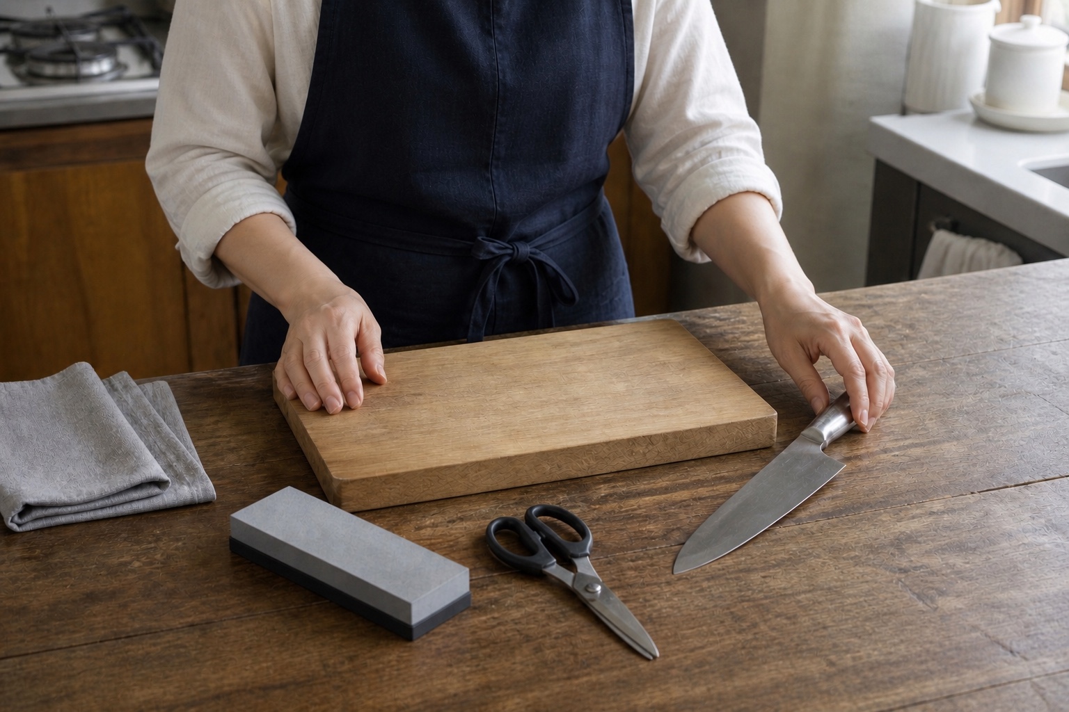 木の作業台に包丁、まな板、砥石、キッチンばさみを並べる手元