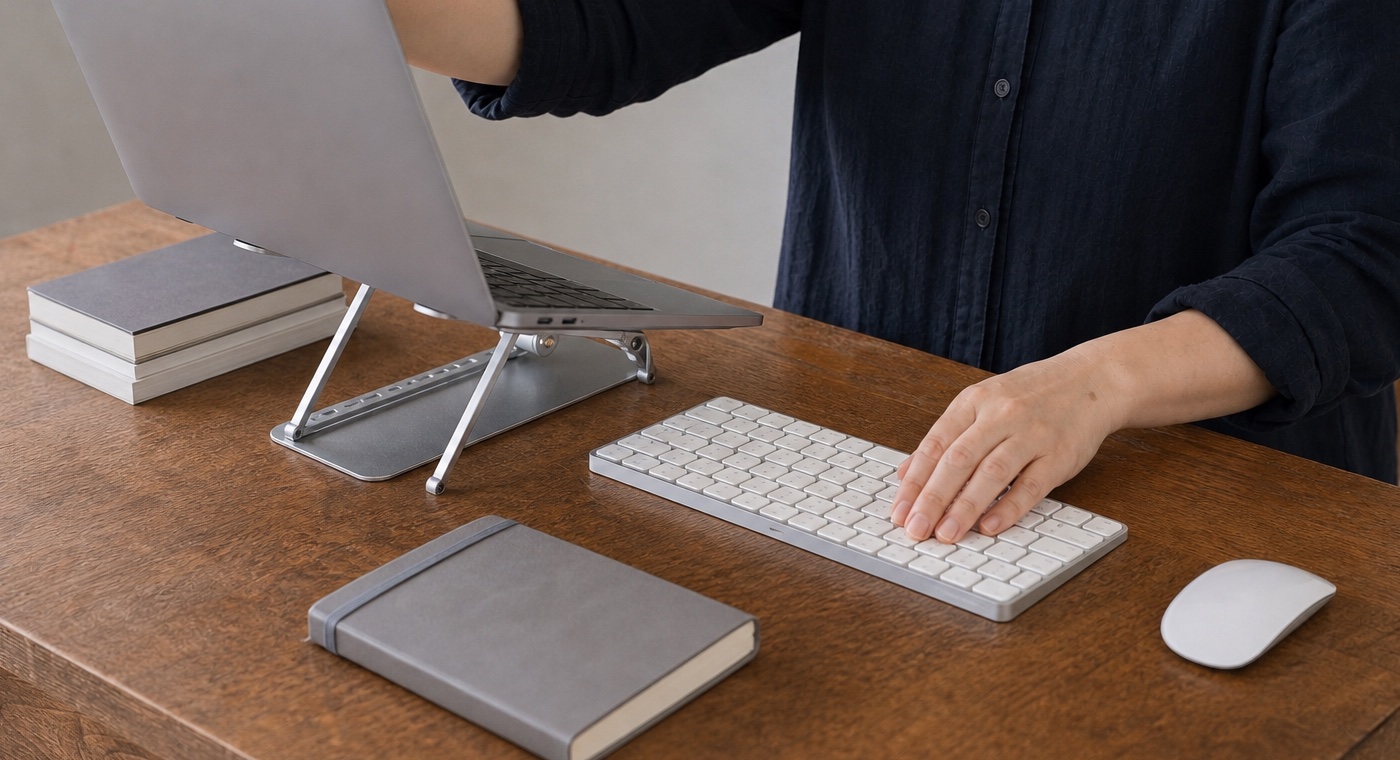 ノートPCをスタンドへ載せ、外付けキーボードを手前へ置く高さを試す手元