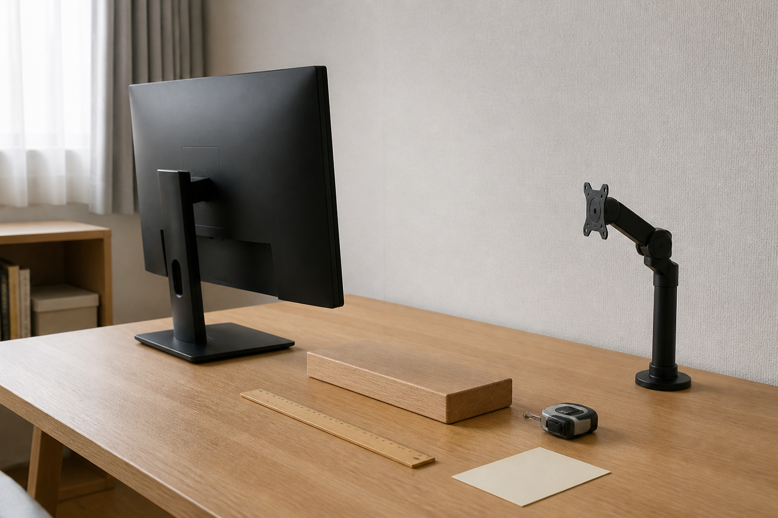 木製デスクに無地のモニター、台、アーム、定規を離して置いた比較イメージ