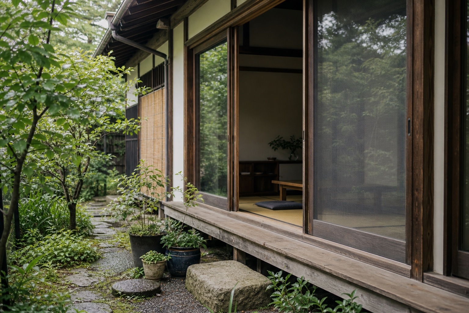 庭から縁側と網戸越しの室内を眺めた、初夏の日本家屋