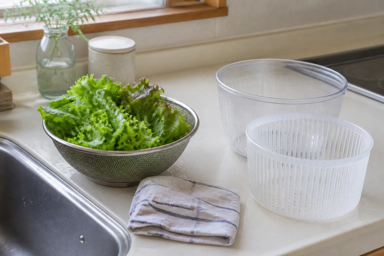 洗った葉物と、ふたを外した無銘の水切り用ボウルとかごを並べた台所