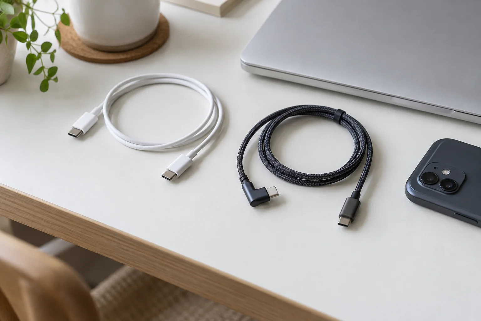 白い机に置いたUSB-Cケーブルと、ノートパソコンとスマートフォンのある風景