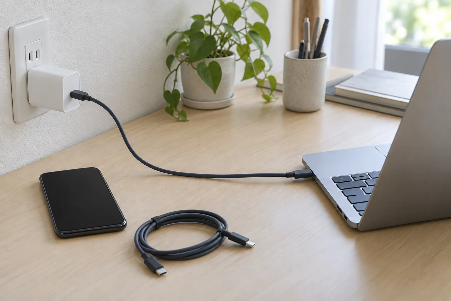 壁のUSB-C充電器からケーブルをノートPCへつなぎ、別のケーブルとスマートフォンを机に置いた様子
