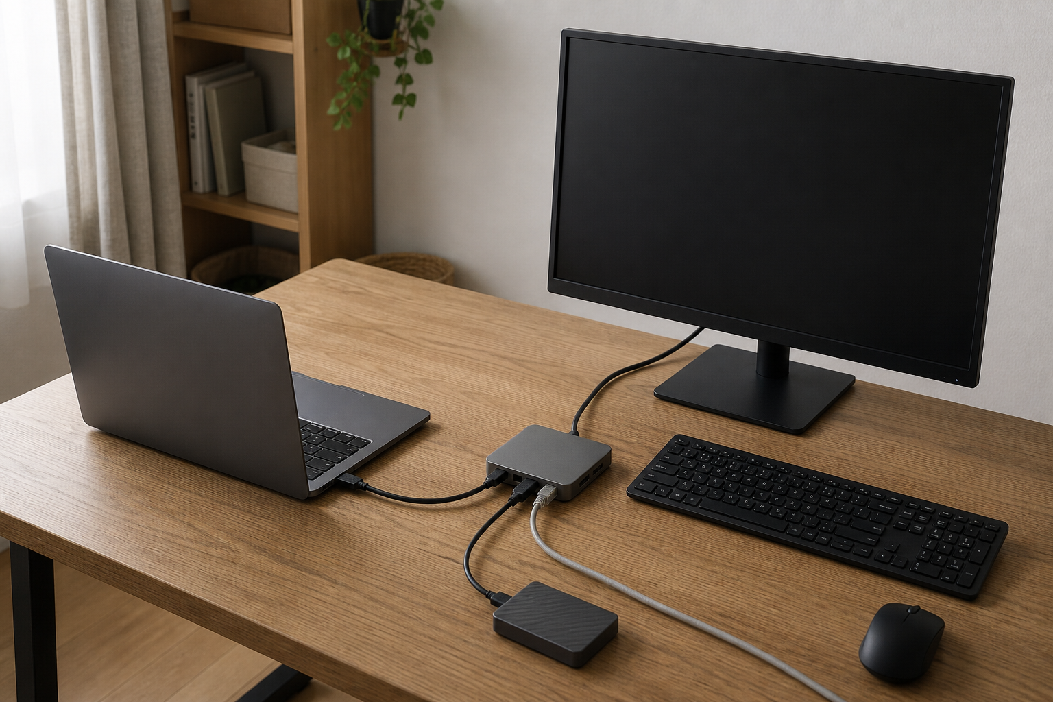 ノートPCからUSB-Cケーブルと無地のハブを経て、外部モニターと周辺機器へつながる机