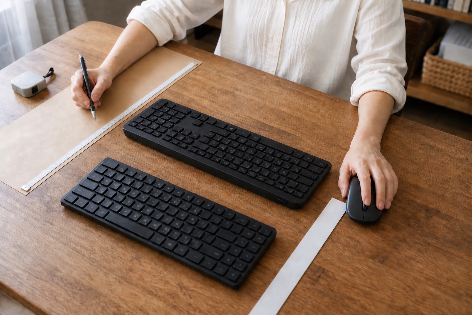フルサイズとコンパクトなキーボードを机に並べ、横幅とマウスの位置を測る手元